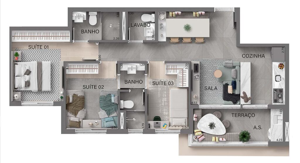 Planta Tipo 3 Dorms. 74m²