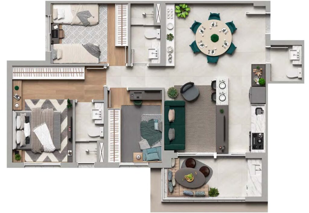 Planta Tipo 2 Suítes 79m²