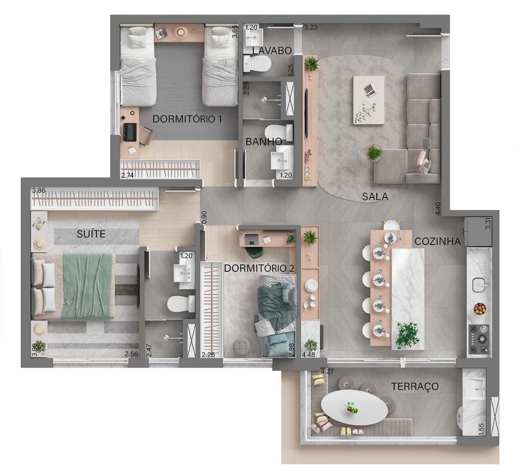 Planta Tipo 2 Suítes 86m²